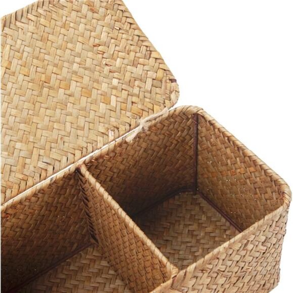 Seagrass Storage Basket with Lid Rectangular Small Woven Shelf Baskets with - Picture 4 of 8